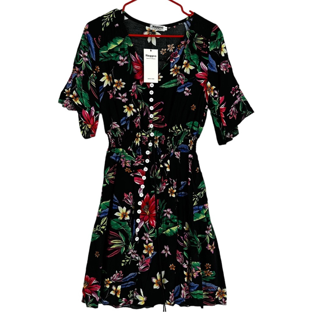 Naggoo Women’s Short Sleeve V-Neck Floral Dress Black Size L.